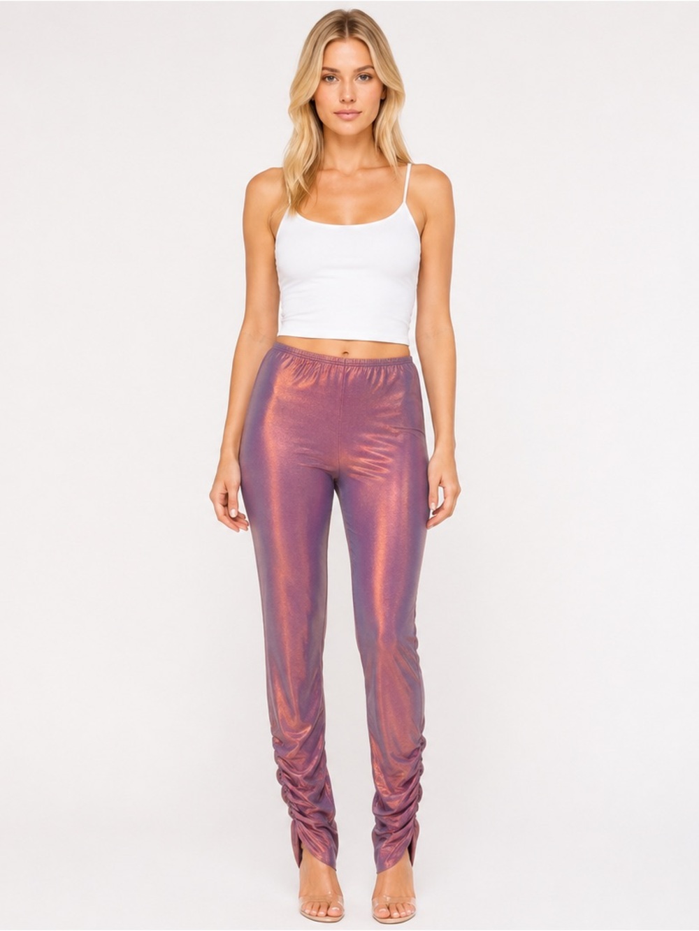Vintage 80's Ruched Leg Iridescent Rose Gold/Purple Disco Leggings Size XS-S*
